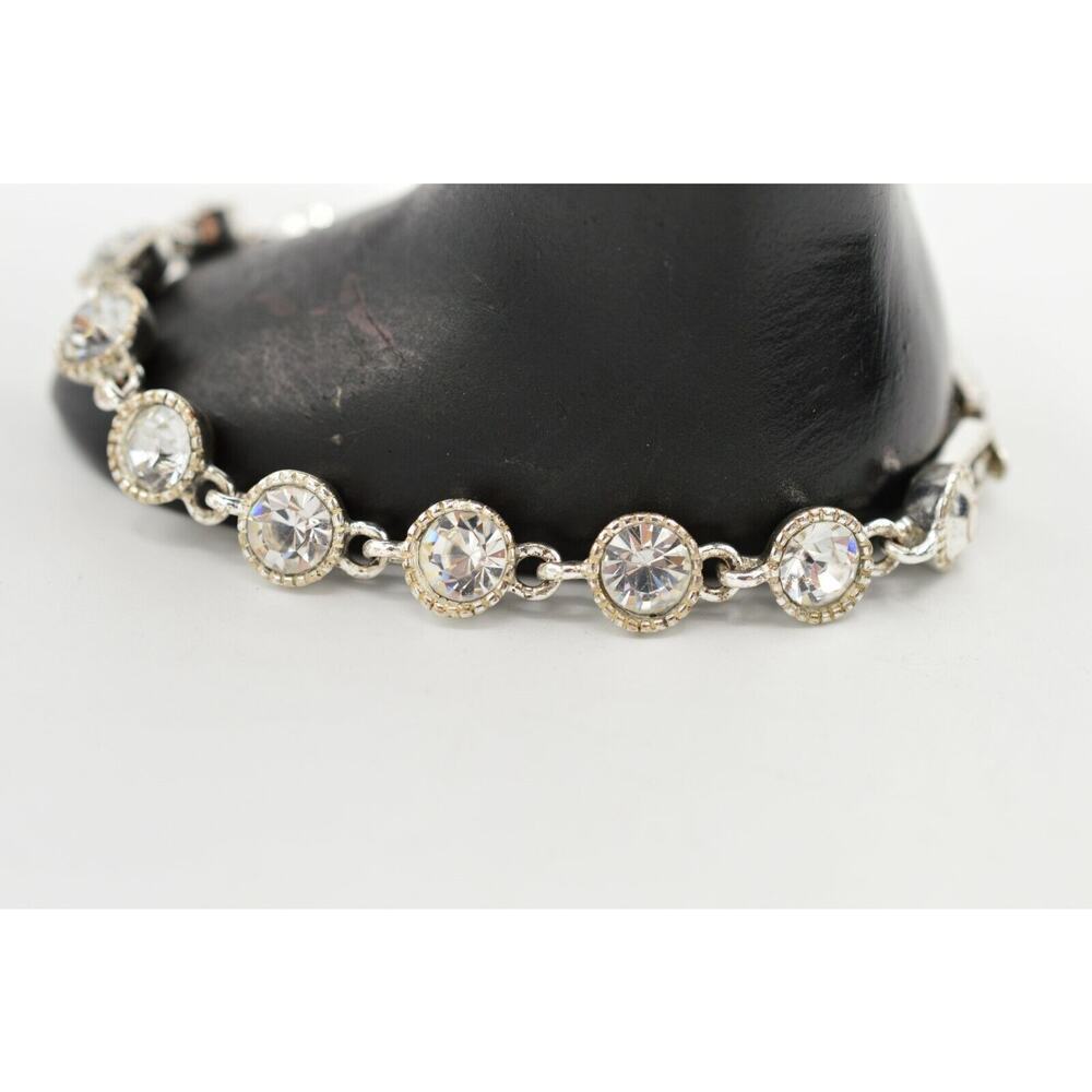 SAQ Statement Tennis Bracelet Chunky Rhinestone Crystal Silver Tone Signed BinO